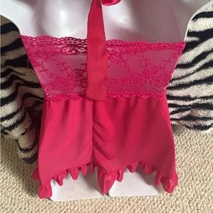 hot pink baby doll halter neck adjustable. satin and lace. open front